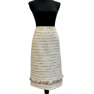 ST. John cream metallic gold tweed knit fringe pencil skirt Sz 10 stretchy